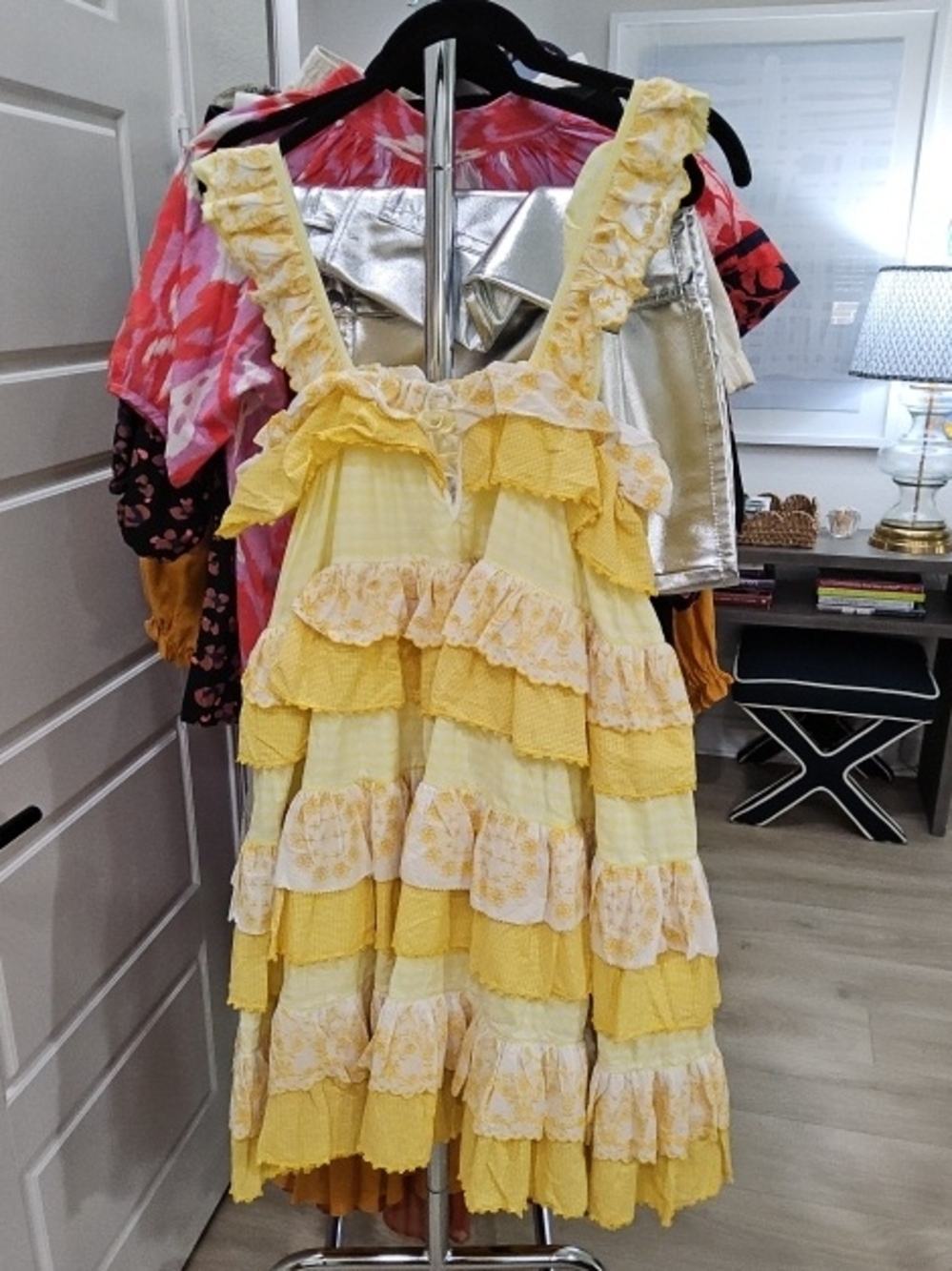 INNIKA CHOO Yellow Ruffle Tiered Dress with Lace Trim